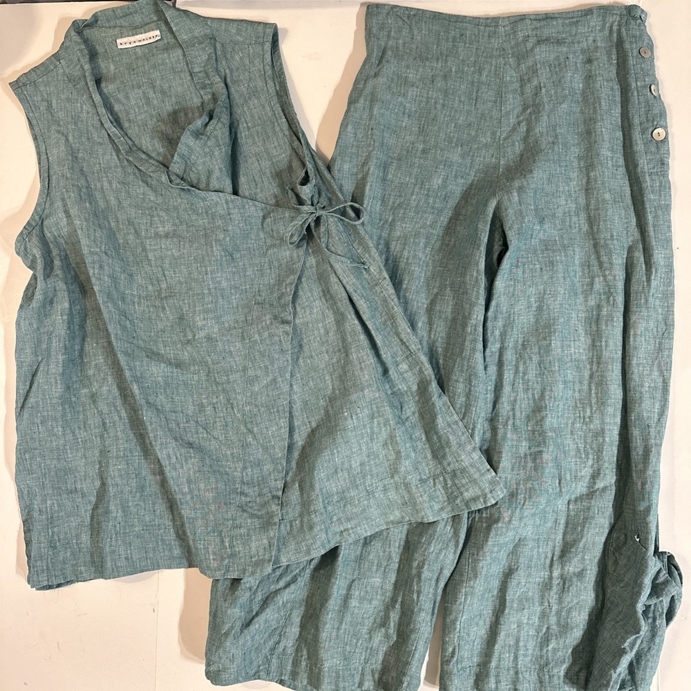 Bryn Walker Linen Knit Two Piece Set Green S/M Wide Leg Pants Lagenlook